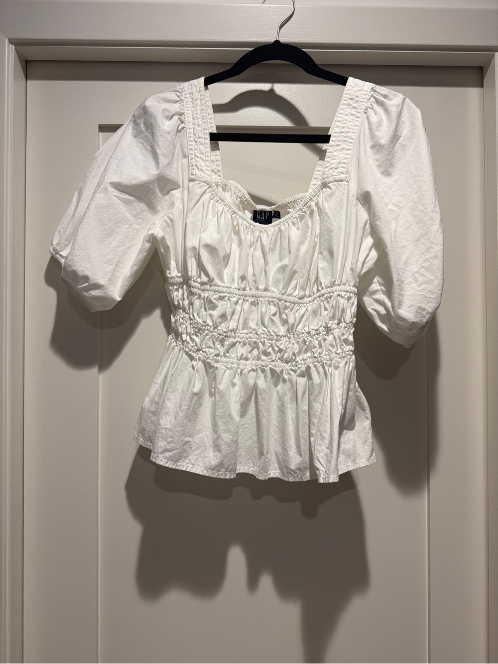 GAP White Smocked Peplum Blouse with Puff Sleeves
